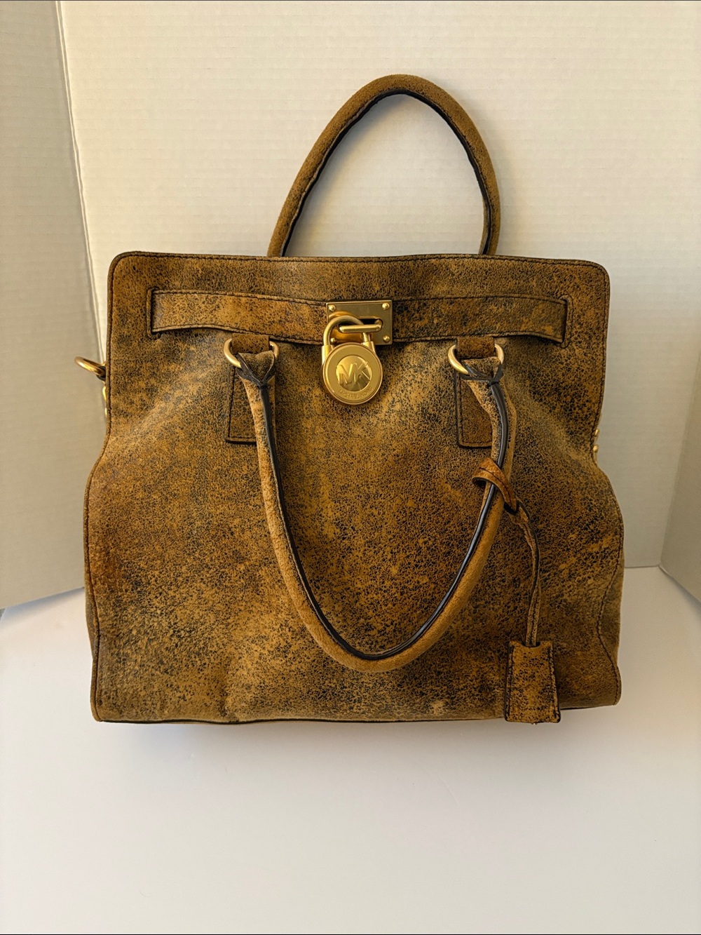 Michael Kors Distressed Tan Suede Satchel with Gold Hardware
